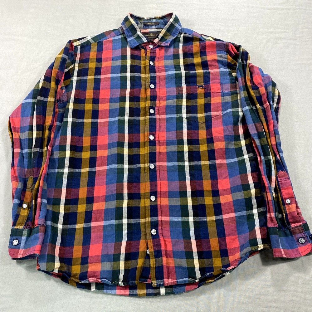 Rodd & Gunn‎ Shirt Mens Small Blue Red Plaid Linen Blend Button Up Casual